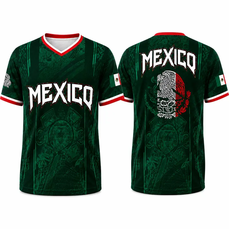Male Retro V-Neck Mexico-Inspired Aztec Eagle Full Print Casual Breathable Jersey - Birdseye Fabric Short Sleeve Jerseys for Soccer, Custom Color Match Athletic Top for Fans, Back to School Menswear