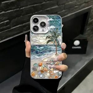 Ocean Beach Scenery Phone Case, Palm Shell & Pink Sand Turtle Starfish Stained Glass Print Case for iPhone 17 Air 16 Pro Max 15 14 Plus 13 12 11 Plus XR XS Samsung S26 Ultra S25 Ultra S24 S23 S22, Shockproof Durable Protective Case, Unisex Tropical