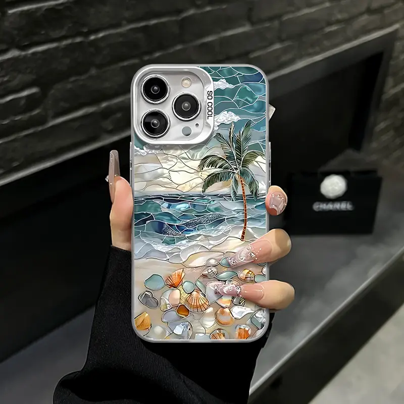 Ocean Beach Scenery Phone Case, Palm Shell & Pink Sand Turtle Starfish Stained Glass Print Case for iPhone 17 Air 16 Pro Max 15 14 Plus 13 12 11 Plus XR XS Samsung S26 Ultra S25 Ultra S24 S23 S22, Shockproof Durable Protective Case, Unisex Tropical