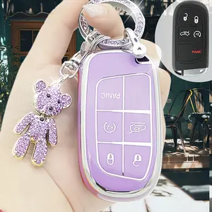 Car Key Ring Car Key Buckle Cover with Rhinestone Bear, Soft TPU Car Key Protective Case Jeep Chrysler 200 300 Dodge Ram Challenger Smart Key