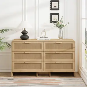 51.18'' Arc Shaped Corner Rattan Cabinet, 6-Drawers Rattan Storage Cabinet Rattan Drawer, for Living Room Bedroom, and Kitchen, Natural