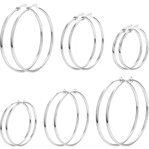 FINREZIO 6 Pairs Silvery Classic Round Clip on Hoop Earrings for Women Men Diverse Sizes for Daily Wear Versatile Non-Piercing Fake Round Hoop Earring Set