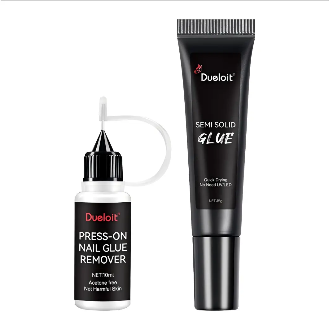 Strong Hold Nail Glue Kit with 15g Semi-Solid Gel & 15ml Pinpoint Non-Acetone Remover for Press-On Tips - Quick Dry Gentle Formula, No UV Lamp Needed, Nail Glue Strong Hold