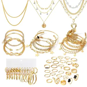 59 Pcs Gold Plated Jewelry Set for Women With 8 Necklace 12 Bracelet 27 Ring 12 Pair Earring Hoop Simple Sparkle for Happy