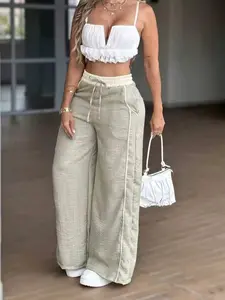 Women's High-Waisted Wide-Leg Pants, Loose Fit Drop Waist Design, Striped Pattern, Spring & Fall Season, Casual Daily Wear