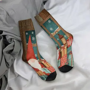 Santa Claus with gifts, lanterns, window display; mid-calf socks, casual and sporty style - soft and comfortable.