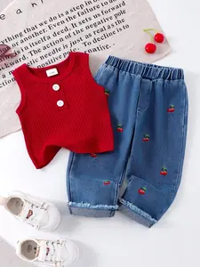Baby Girl 2-Piece Set, Cherry Pattern Sleeveless Top & Jeans, Button Detail, Casual Style, Kids Fashion