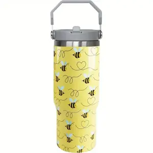 Bee Tumbler with Handle and Straw - 30oz Insulated Leak Proof Travel Coffee Mug - Flasks, Drinkware