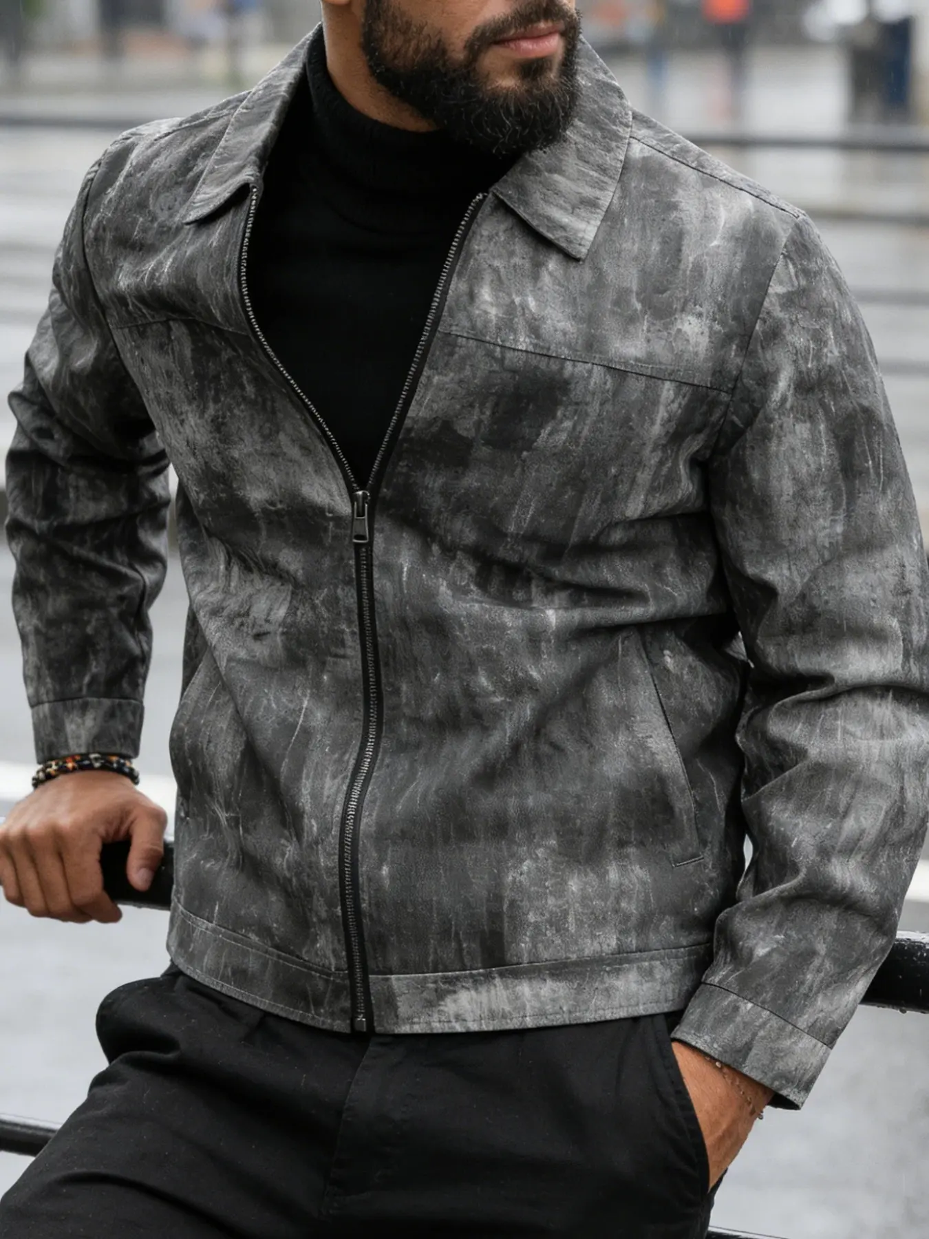 Men's lightweight classic casual jacket with zipper closure and lapel design, made of polyester fiber, fashionable tie dye distressed fabric, machine washable, suitable for daily leisure, work and travel wear - spring and autumn seasons