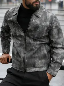 Men's lightweight classic casual jacket with zipper closure and lapel design, made of polyester fiber, fashionable tie dye distressed fabric, machine washable, suitable for daily leisure, work and travel wear - spring and autumn seasons