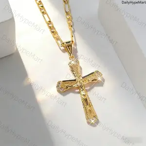 14K Gold Plated Jesus Christ Cross Pendant Necklace, Religious Faith Jewelry
