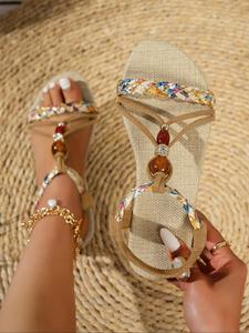 women's fashionable colorblock braid design flat sandals, boho style toe thong sandals for beach vacation, casual versatile slingback sandals for women, girl
