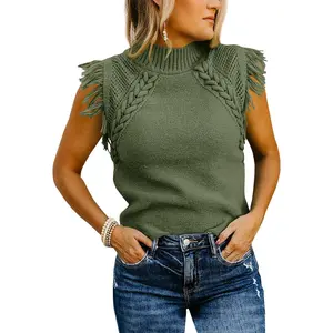 Saodimallsu Womens Sleeveless Sweater Vest Mock Neck Cable Knit Fringe Cap Sleeve Boho Trendy Pullover Tank Tops