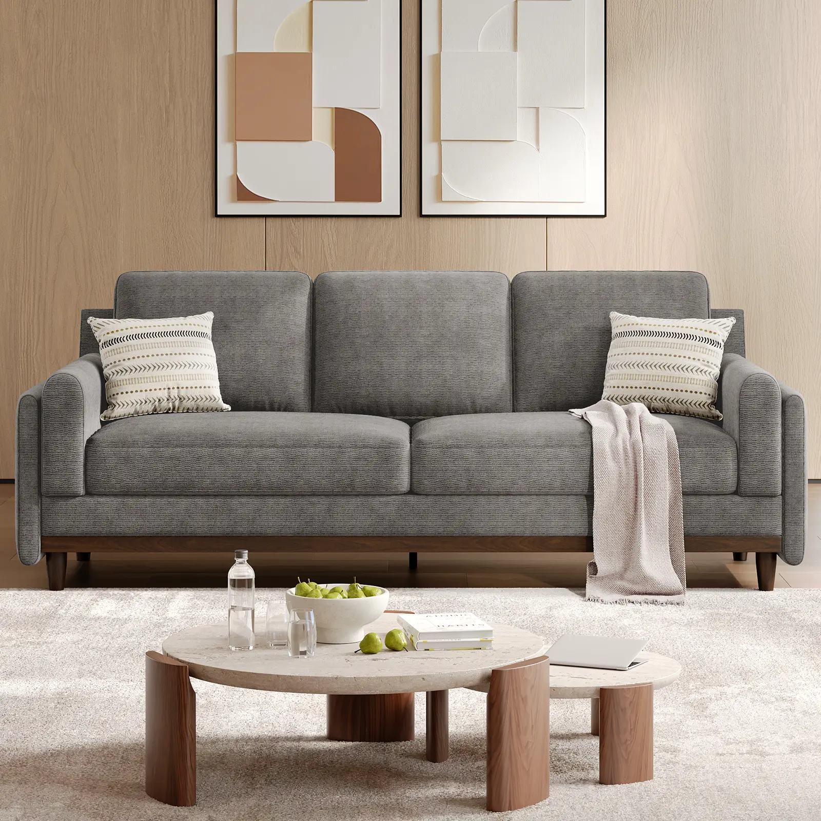 Copiae 87" Waterproof Chenille Sofa, Modern 3-Seater Couch with Deep Seat, Solid Wood Legs, Upholstered Sofa for Living Room Office Apartment