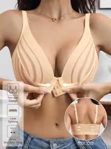 Women's Sexy Lace Front Hook Buckle Wireless Lightweight Bra, Plain Fitted Unlined Cup, Non Padded Bra, Medium Support Everyday Wear, All Seasons Innerwear
