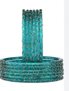 Raindrop Glass Bangles - Elegant Turquoise Beaded Design with Gold Accents for Women Bohemian Bracelets