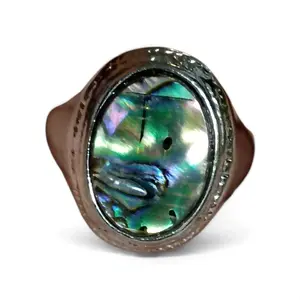 Iridescent Abalone Inlay Ring – White K Plated – Size 7