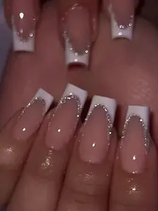 24Pcs Long Coffin Press On Nails White French Tip Minimalist Design Reusable Nail Set With Jelly Gel Party Daily