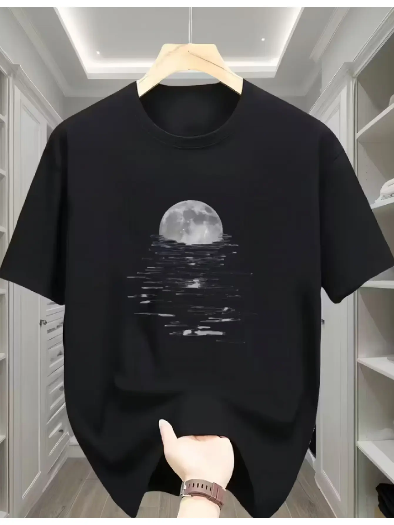 Fashionable Outdoor Moonlit Night Water Ripple Pri unisex soft cotton short sleeve t shirt, vintage graphic casual tee for men women teens, perfect birthday holiday gift for camping travel gym daily street casual wear