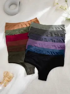 12 Pcs Women's Low Waist Solid Seamless Briefs Panties Set, 12 Colors Available, Casual Daily Wear, Slim-Fitting, Spring & Fall