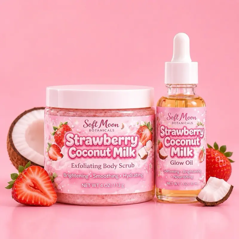 Soft Moon Botanicals Strawberry Coconut Milk Exfoliating Cleansing Body Scrub & Glow Oil Set - Brightening, Smoothing, Hydrating Moisturizing Cleansing Moisturizer, Smooth, Skin Care Cleanser, Daily, Beauty Products, Gift Guide For Her, Moisturizing Body
