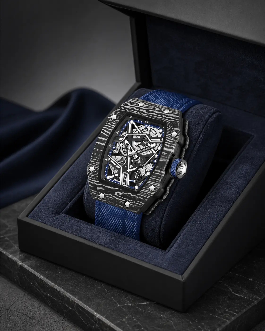 Luxury Tonneau Skeleton Dial Quartz Watch with Durable Nylon Band and Water Resistant Function for Sophisticated Men and Trendsetters