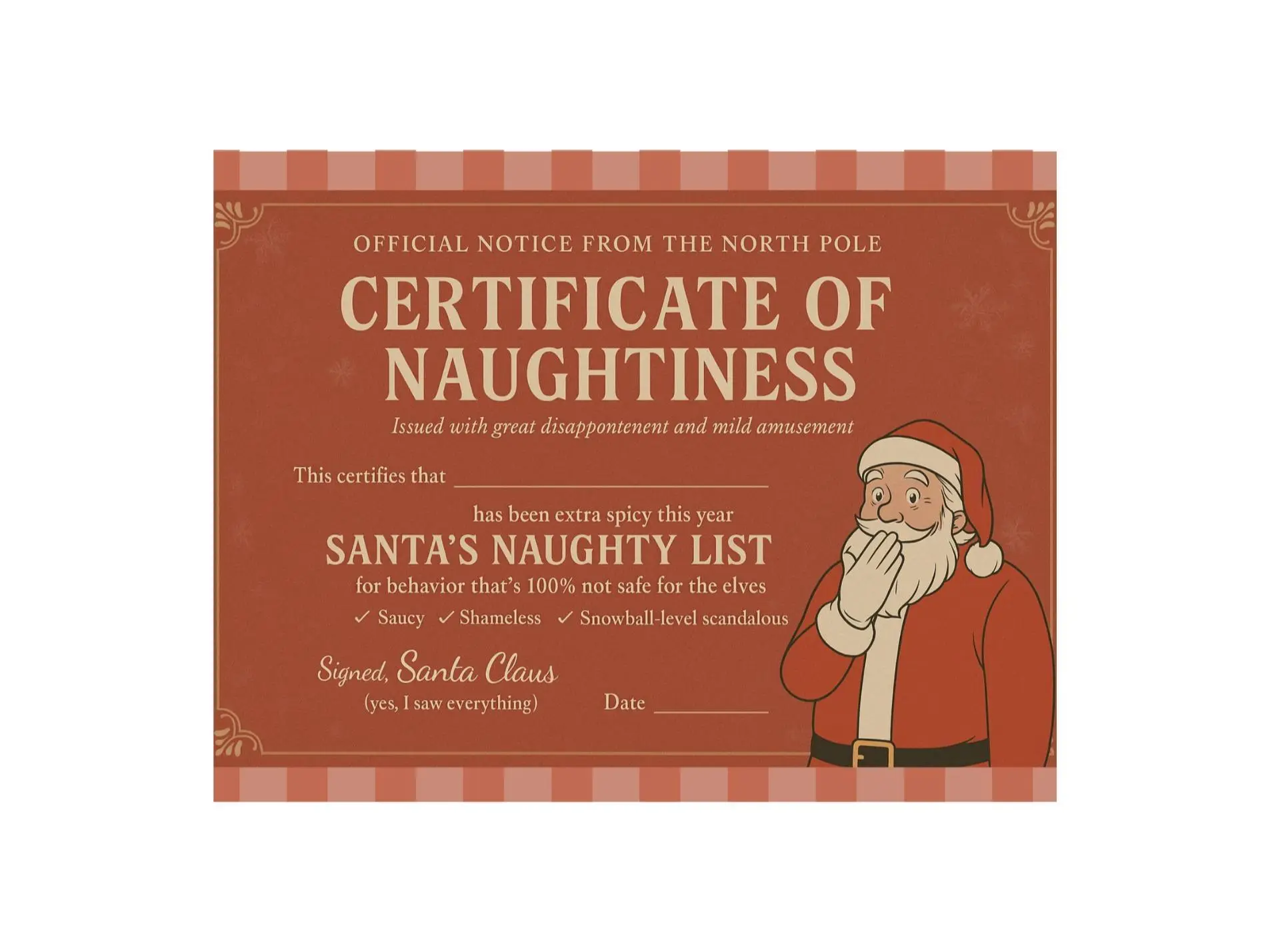 Prank Naughty List Certificate Postcard from Santa - Cheeky & Unapologetic! Sent Anonymously to Your Victim