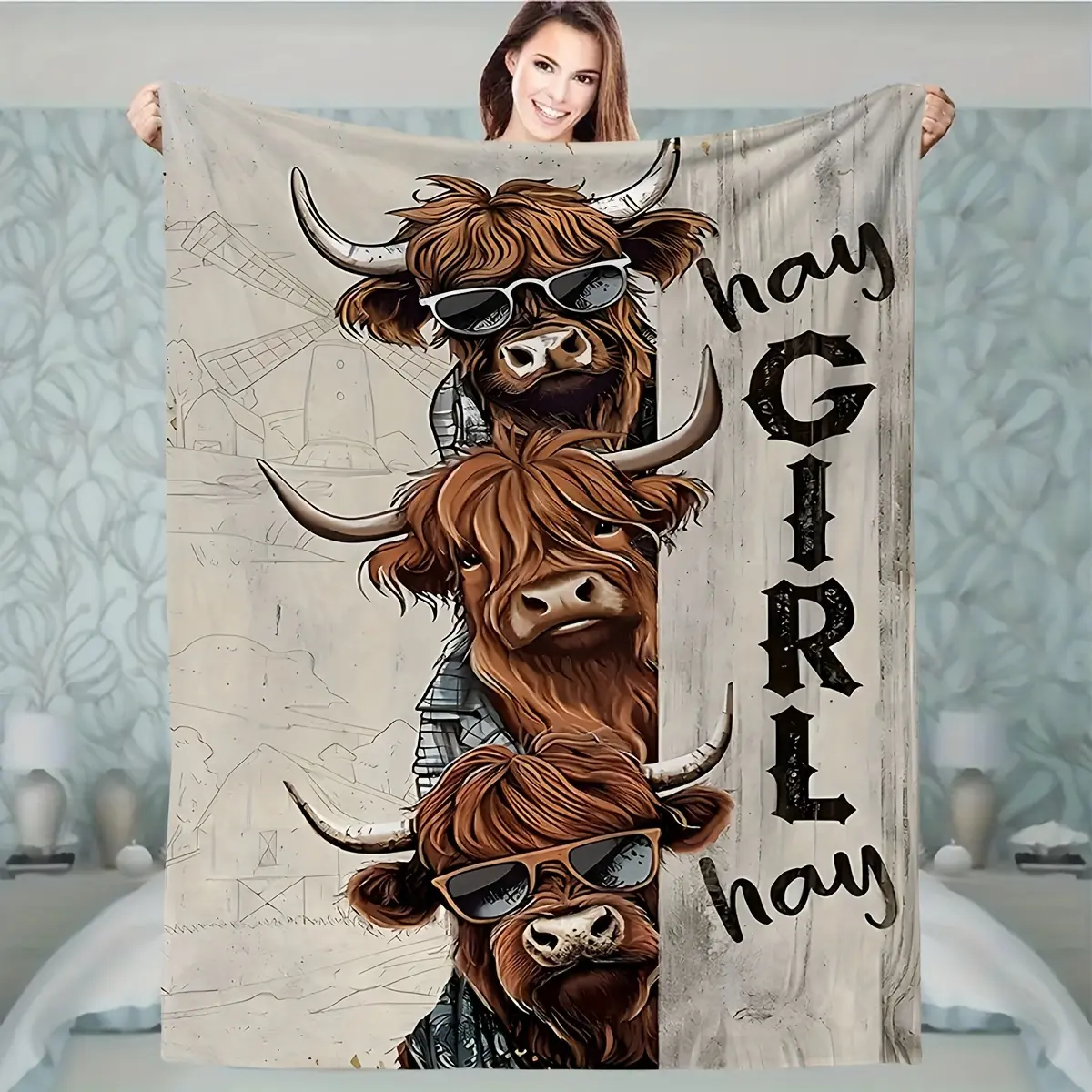 Highland Cow Print Blanket - Extra-Large Allover Animal Cow Patterned Design Blanket, Ultra-Soft Polyester, Fun "Hay Girl!" Detail, Vintage Home Essential, Suitable for Sofa, Bed, All Seasons, Allover Print Blankets, Animal Pattern Blankets