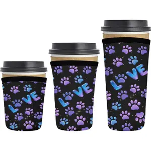 3Pcs Purple Dog Paw Print Reusable Neoprene Insulator Coffee Cup Sleeves, 16-32 Oz, Suitable for Both Hot and Cold Drinks Iced Coffee Cups