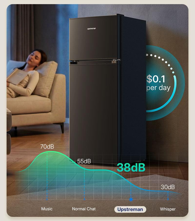 Upstreman 4.0 Cu.Ft Double Door Portable Refrigerator with Freezer, Stainless Steel, Large Capacity, Adjustable Thermostat, Energy Efficient, Quiet Operation
