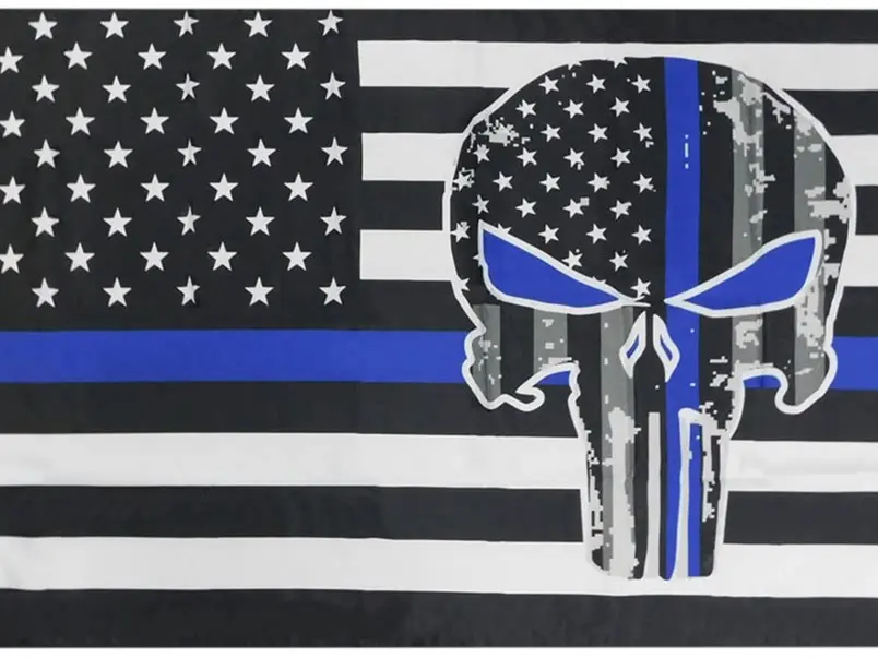 USA Thin Blue Line Police Demon Skull Pole Flag - 2x3 ft/60x90 cm, 100D Woven Polyester, Sturdy Grommeted Banner, Heavy-Duty Fade-Resistant Outdoor Gear, Patriotic Flags