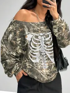 Women's Casual Loose Camo Off-Shoulder Top, Y2K Style, Spring & Fall Fashion, Comfortable Fit, Perfect for Parties and Leisure Outings