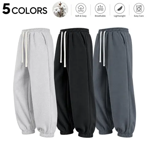 Cotton jogger sweatpants for men and women, elastic waistband with drawstring, casual basic versatile athletic long pants