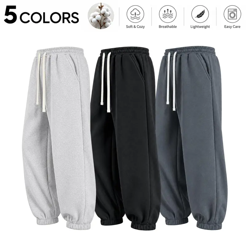 Cotton jogger sweatpants for men and women, elastic waistband with drawstring, casual basic versatile athletic long pants