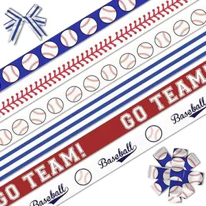 6 PCS Sports Baseball Ribbons for Crafting, 3/8" Width Grosgrain Ribbon Blue Red Sports Roll Balls Craft Ribbons for Sewing DIY Crafts Supplies
