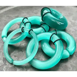 PAIR of Stunning Aquamarine Cat Eye Large Stone/Glass Hoops Ear Weight Hanging Plugs & O-rings -Gauges 4g (5mm) up to 5/8" (16mm)