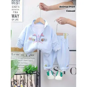 New3pcs Girls' Rabbit & Pink Gingham Jacket Set - Soft Pastel Animal Print Coat with White Shirt & Matching Pants-like Outfit, Spring/Fall Casual Wear, Hand Washable Baby Clothes ( to), Perfect for Outdoor(Gift)11