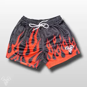 Goat Strength 5" Inseam Mesh Shorts - Black with Orange Flame Themed Design - Athletic stretchy material breathable for workouts or just casual wear
