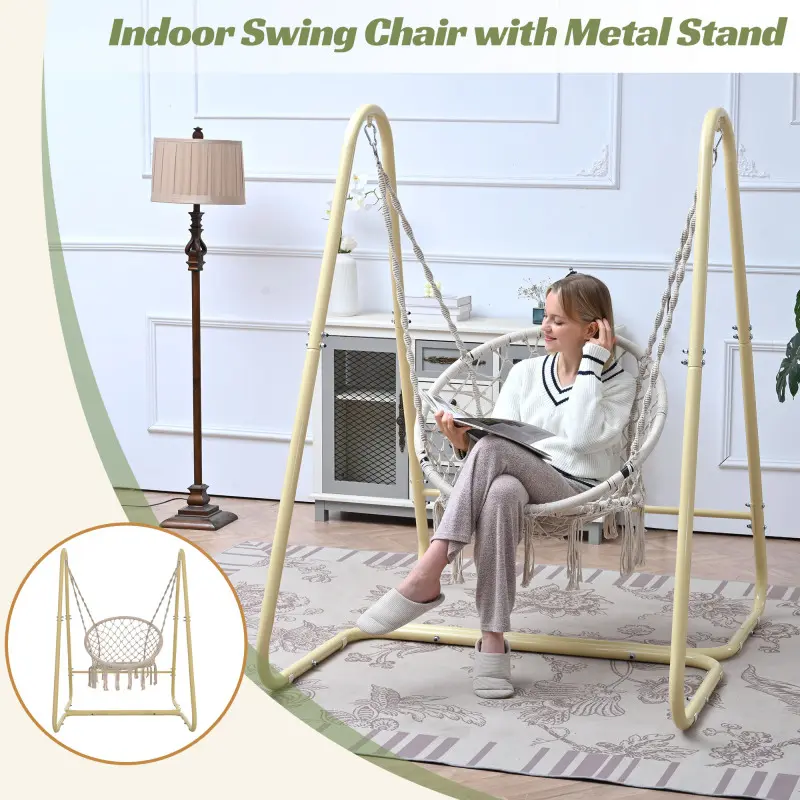 Handwoven Macrame Hanging Chair with Stand | Boho Swing Seat for Indoor/Outdoor Relaxation | Easy Assembly & Foldable Design (Cream) load-bearing capacity