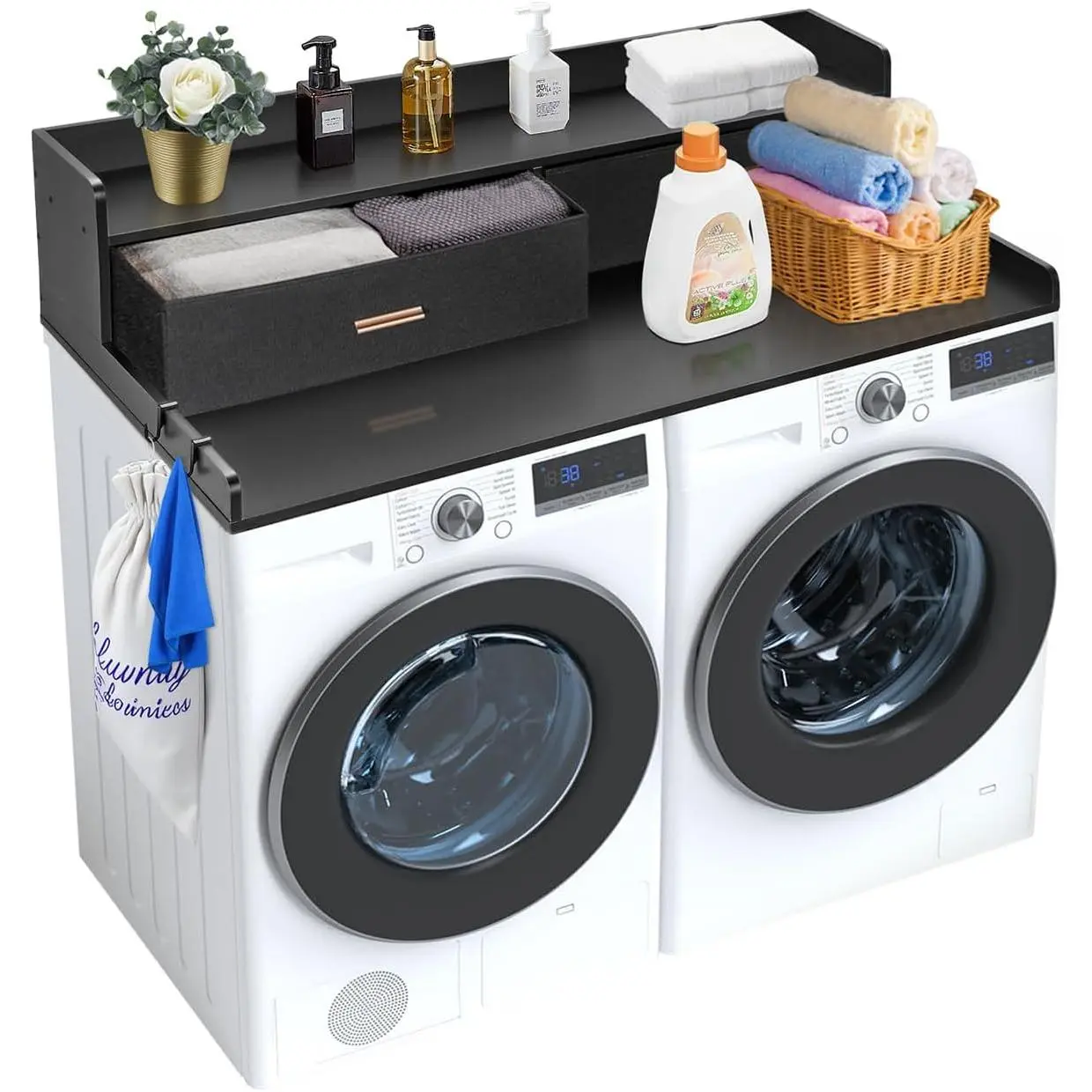 VEVOR P2 Carb Wood Washer and Dryer Countertop, 54"x27" Unit with 2 Drawers, Shelf, 2 Hooks, Non-Slip Pads, Water-Resistant Cover, 250 lbs Capacity, Maximizes Laundry Space, Ensures Long-Lasting Stability for Laundry Room Organization, Black