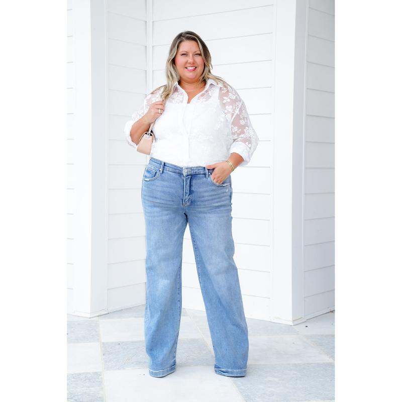 Risen Tummy Control Elastic Waistband HR White Crop Straight Pants