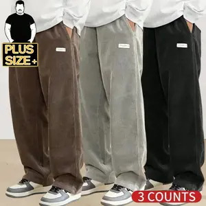 [Plus Size] Men's Corduroy Pants 3-Pack - Brown, Grey & Black Loose Fit Wide Leg Trousers with Elastic Waist, Casual Vintage Straight Leg Pants for Big & Tall Men (2XL-6XL)