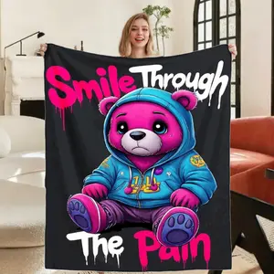 Flannel Blanket Smile Through The Pain Bear In Hoodie Black Background Soft Warm Comfortable Sofa Bed Picnic Machine Washable Gift All Seasons