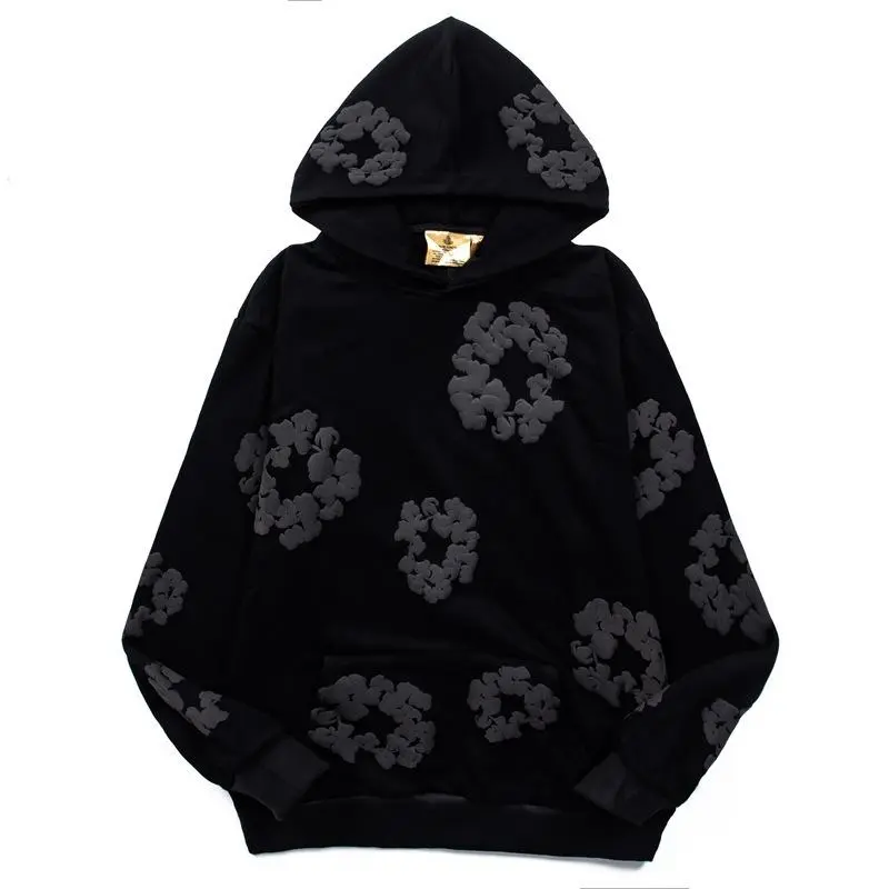 Women's Denim Hoodie Set, Comfy OOTD Plus Size Hooded Neck Loose-Fitting Drawstring Puff Print Floral Long Sleeve Casual Top, Spring Teen Fashion Designer Unisex Sweater, Pullover Hoodie, Retro