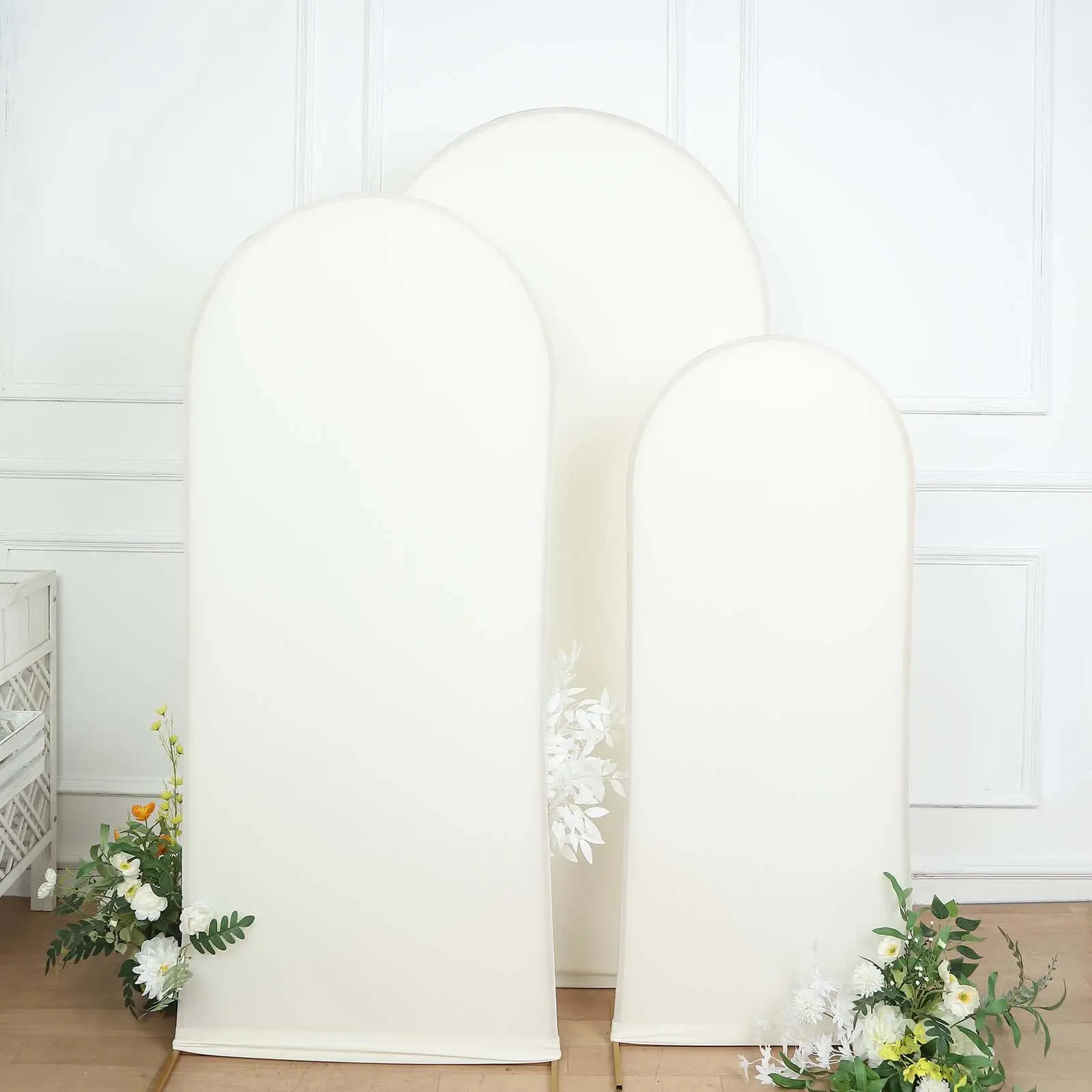 Set of 3 Matte Ivory Spandex Fitted Chiara Backdrop Stand Cover For Round Top Wedding Arch - 5ft, 6ft, 7ft