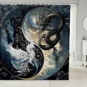 Dragon Bathroom Shower Curtain Sets, Japanese Ukiyoe Shower Curtain, Exotic Animal  Ancient Loong Phoenix Fabric Shower Curtain for Boys Bathroom