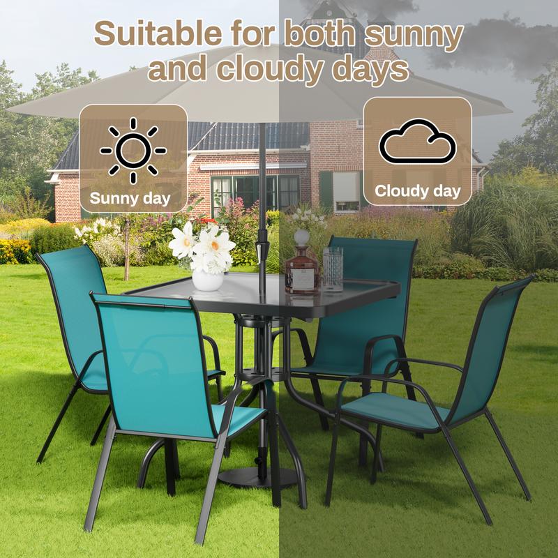 5 Piece Outdoor Patio Dining Set (Umbrella not Included), Porch Furniture with 4 Textline Chairs, 1 Square Glass Table for Garden, Backyard and Poolside, Lawn
