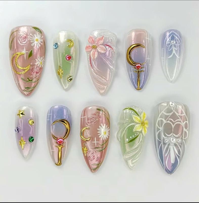 Moonlight Fairy Press On Nails | Pastel Floral & Crescent Moon 3D Nail Set | Magical Aura Nails
