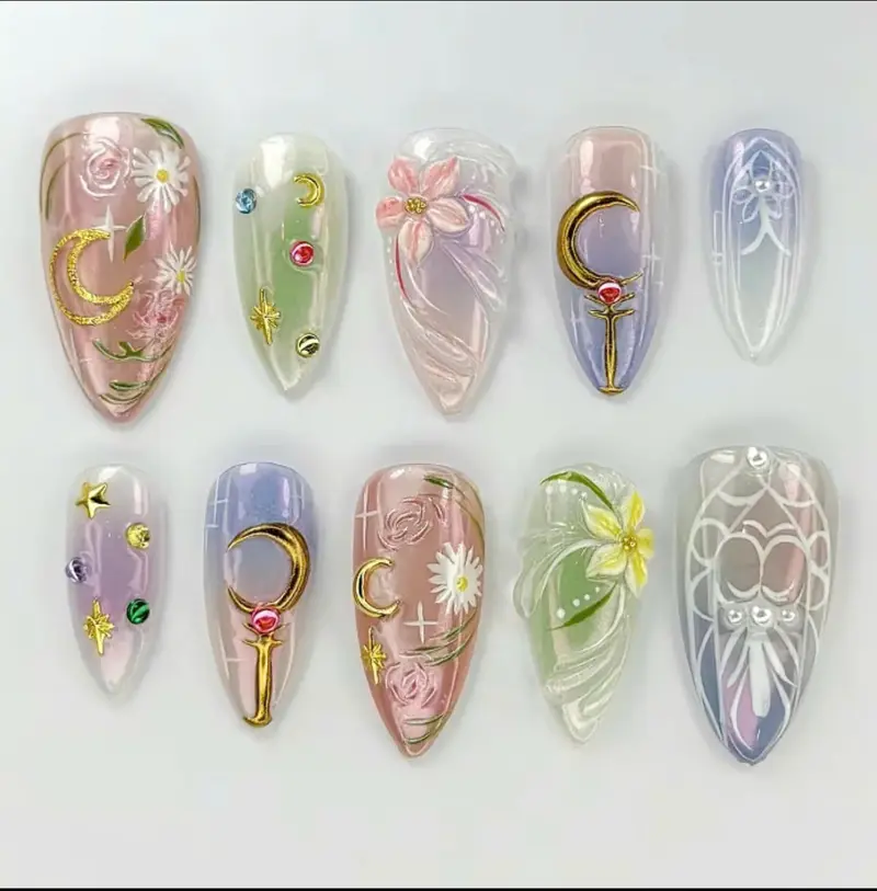 Moonlight Fairy Press On Nails | Pastel Floral & Crescent Moon 3D Nail Set | Magical Aura Nails