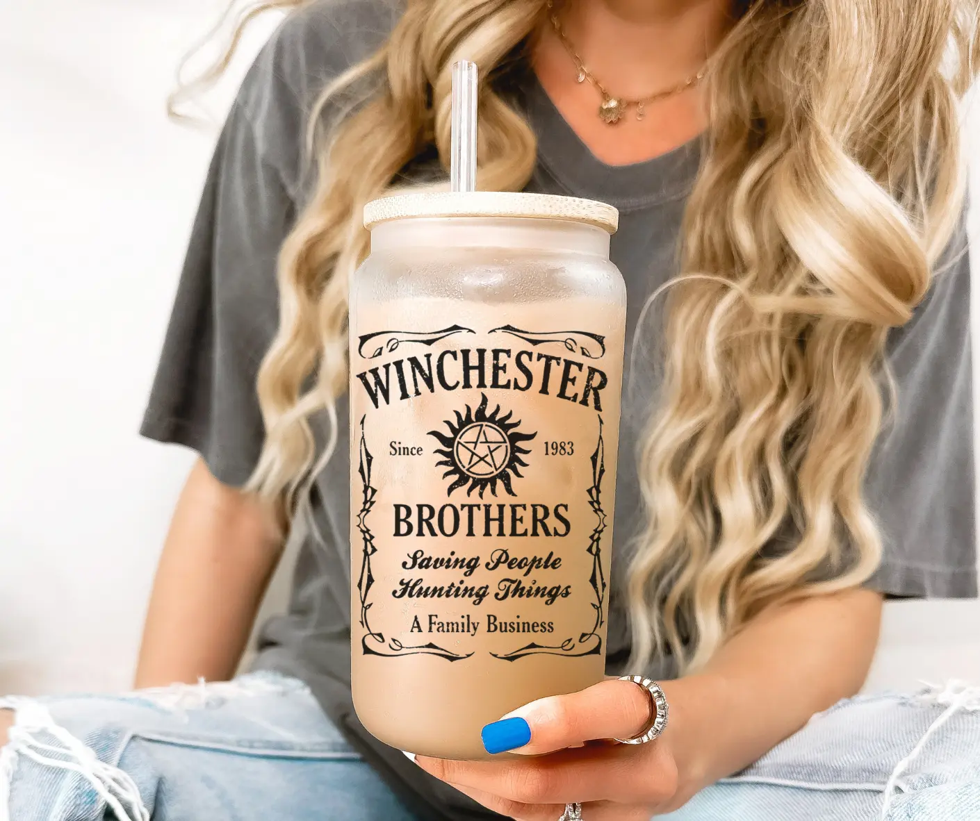 Sam Dean Winchester Brothers Glass Cup with Lid and Straw 16 oz, Supernatural Iced Coffee Cup, Winchester Glass Tumbler, Hunter Mug